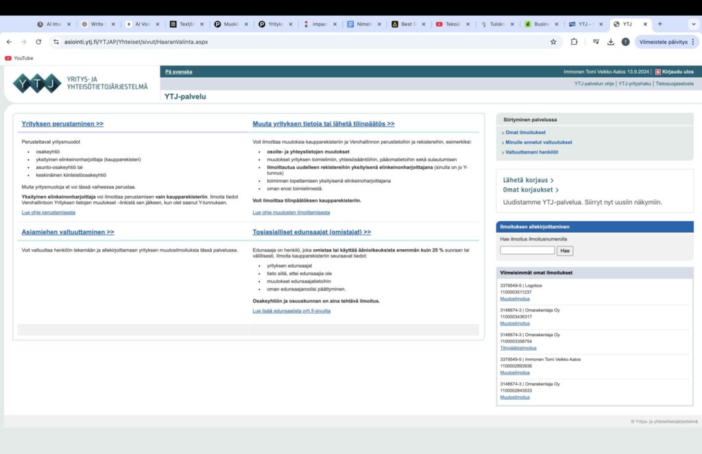 Kuva YTJ-palvelun käyttöliittymästä