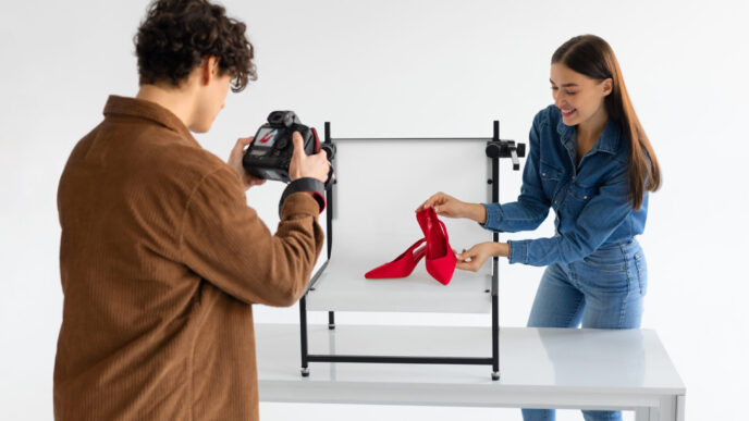 Professional male photographer and his female assistant doing content photoshoot for shoes, woman styling and helping while working in team in photostudio